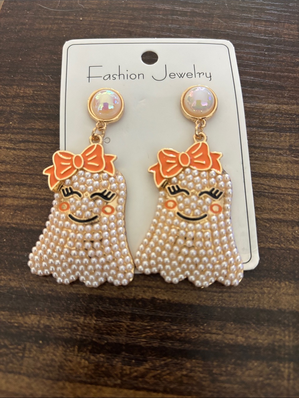 Fashion Jewelry  Pearl Ghost Earrings with Orange Bows and Iridescent Tops